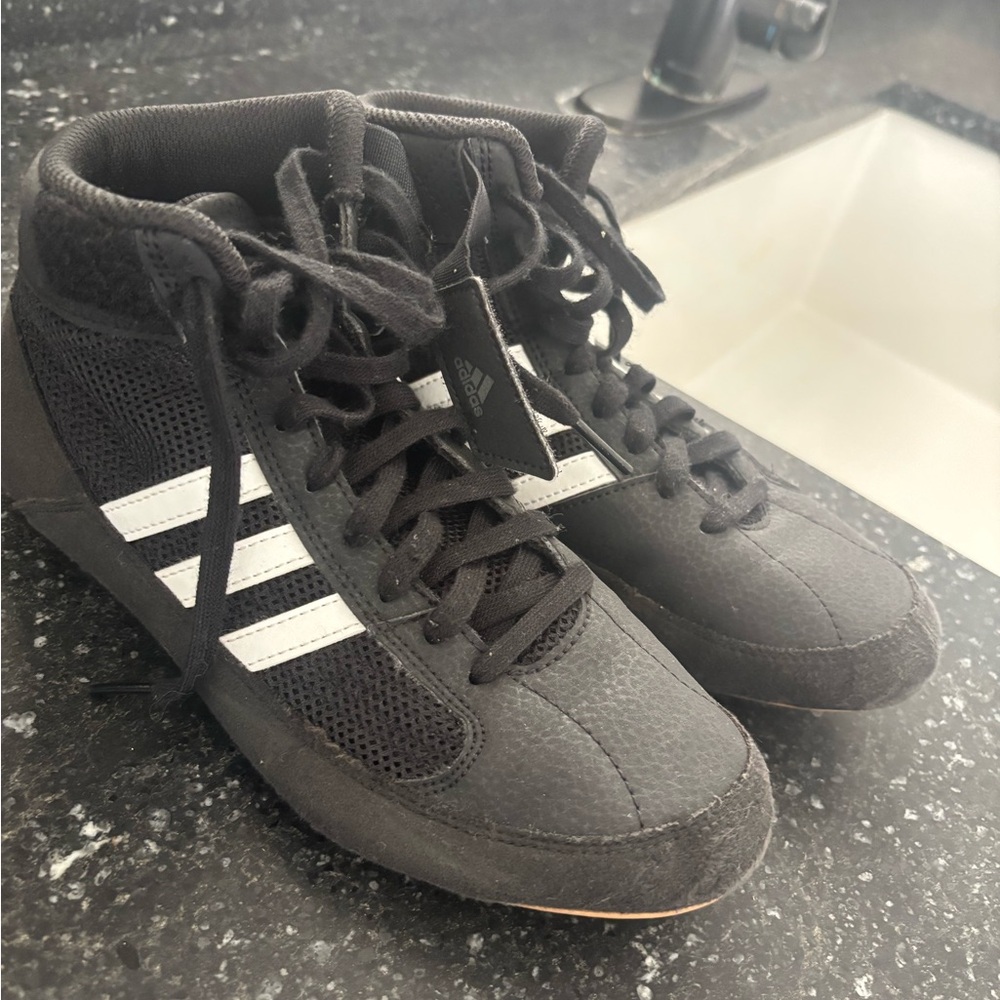 Adidas Men's Black High-Top Wrestling Shoes with White Stripes